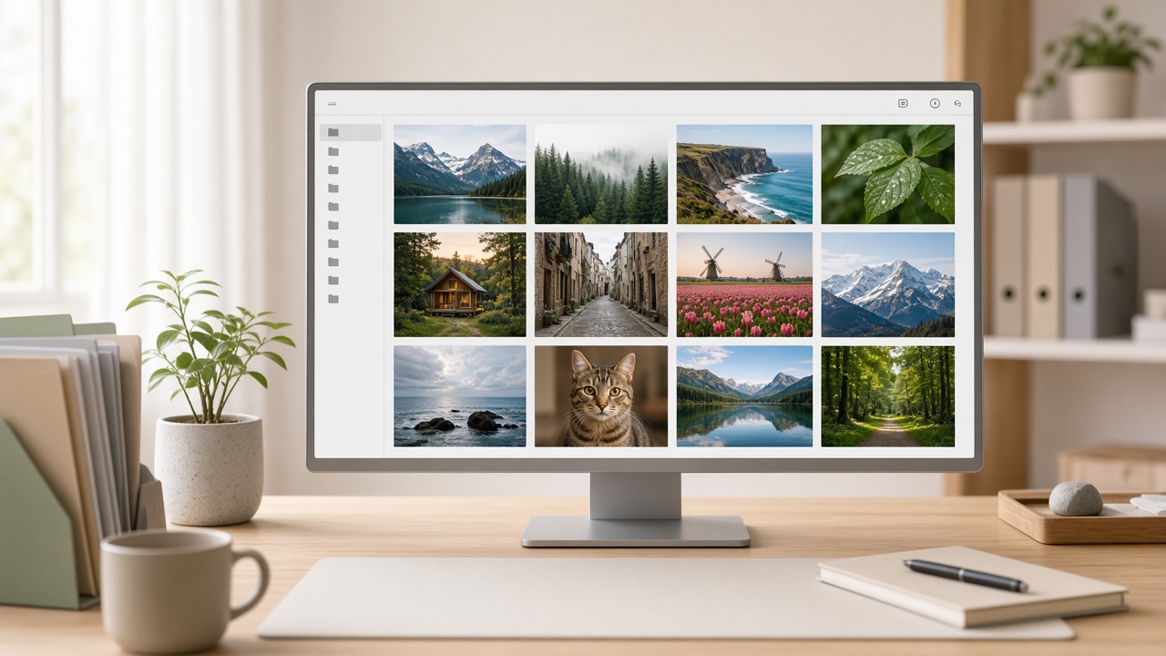 Computer monitor on desk displaying a photo gallery with various nature and travel images including mountains, forests, coastlines, flowers, and a cat portrait