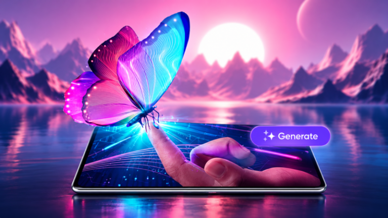 A vibrant butterfly emerging from a smartphone screen with a finger touching it, set against a glowing sunset mountain lake background