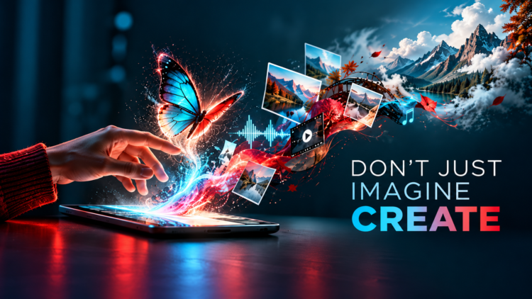 A hand interacting with a tablet from which colorful butterfly, photos, videos, and music notes emerge, symbolizing imagination and creation.