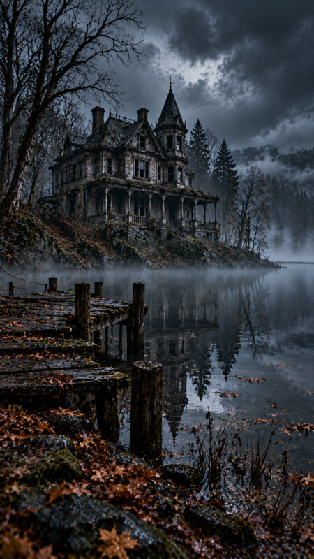 Mysterious Victorian Mansion by Foggy Lakeside (Free AI Image)