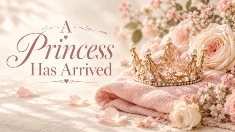 Golden princess crown resting on soft pink towels surrounded by delicate flowers with a message announcing a baby girl arrival
