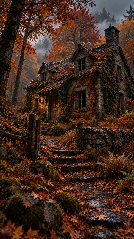 Enchanting Autumn Cottage Amidst Colorful Forest (Free AI Image)