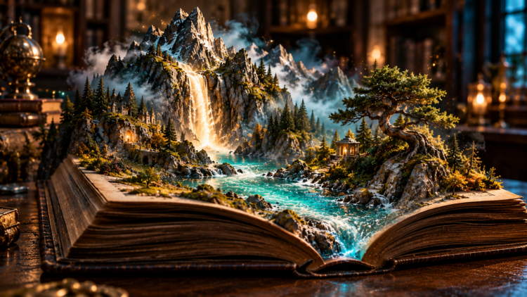 Open book with a miniature fantasy mountain landscape, including waterfalls, river, lush trees, and detailed small buildings on the pages