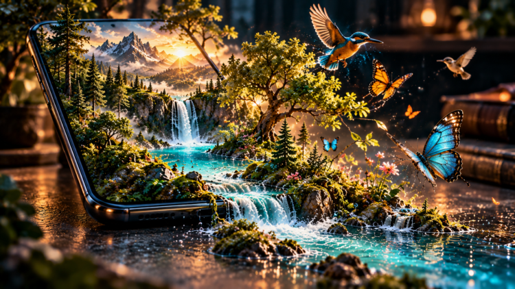A magical scene of a flowing waterfall and forest landscape emerging from a smartphone with butterflies and birds flying nearby