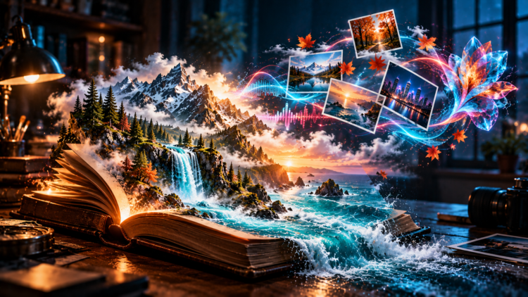 An imaginative scene of a detailed miniature forested mountain with waterfalls flowing from an open book, with floating autumn photos and colorful abstract elements in a cozy study.