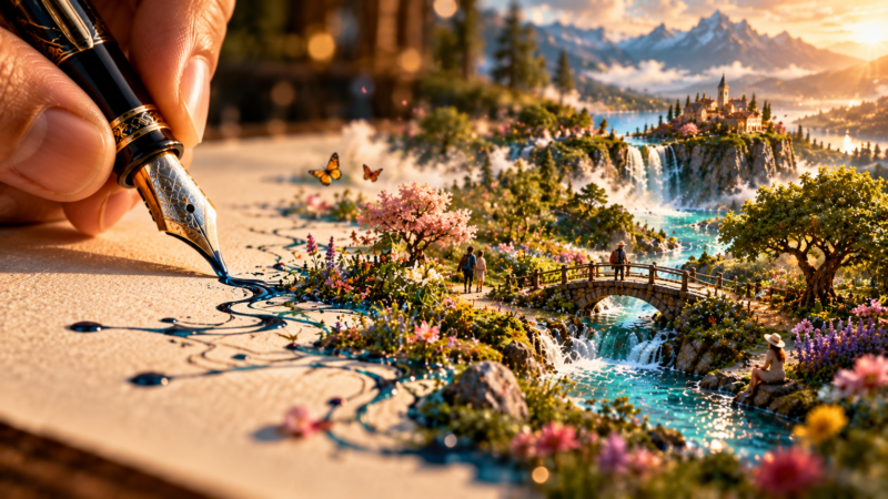 A hand holding a fountain pen drawing ink lines that transform into a vivid miniature landscape with waterfalls, flowers, trees, bridge, and butterflies