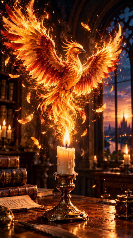 A majestic phoenix made of fire and flames rising above a candle on a vintage wooden desk in a dimly lit room with sunset visible through tall window