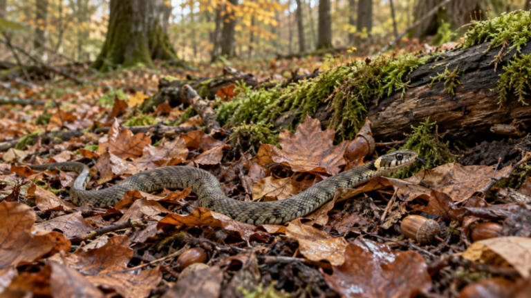A snake with patterned scales slithers on the forest floor covered in brown autumn leaves and mossy branches.