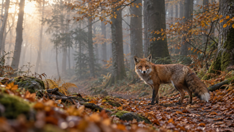 A red fox stands alert on a leaf-covered forest floor surrounded by tall trees in early morning light.
