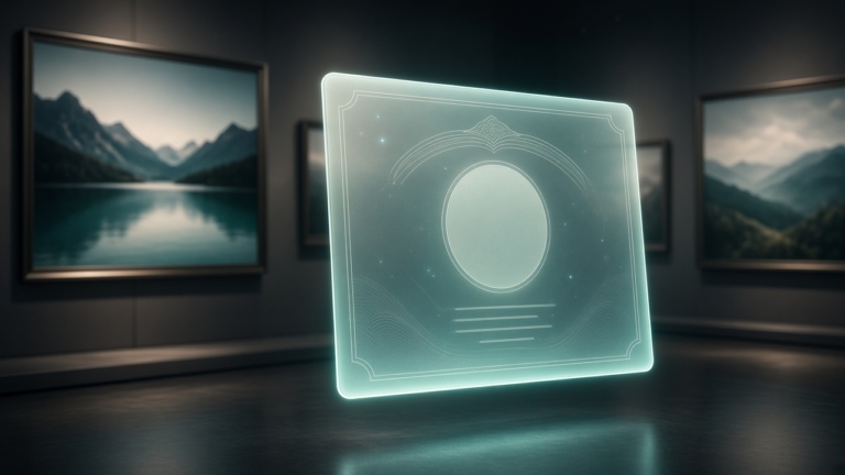 Glowing transparent certificate floating in an art gallery with framed mountain landscape paintings on the walls