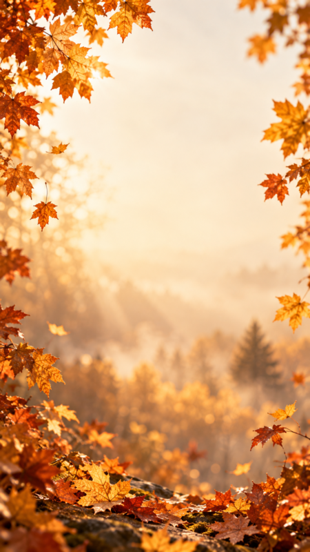 Bright orange and yellow autumn leaves frame a misty forest landscape with soft morning light and warm tones.