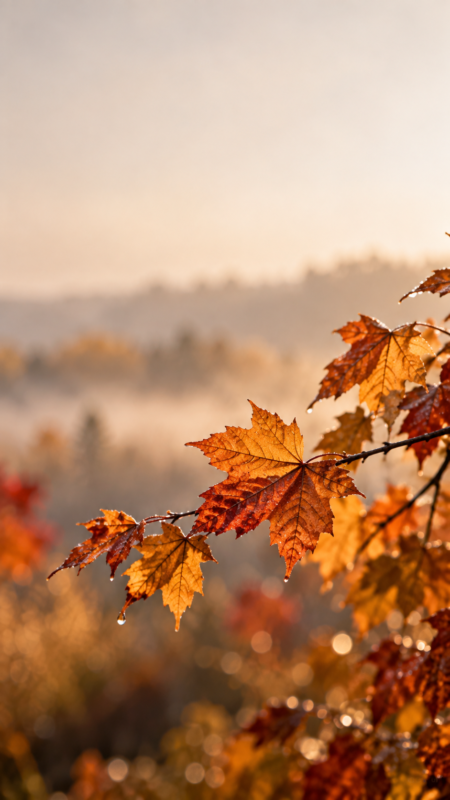Close-up of orange and red maple leaves on a branch with blurred foggy hills and trees in the background in soft morning light