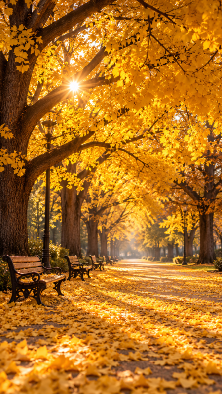 Sunlight filters through vibrant golden autumn leaves on large trees lining a park pathway covered in fallen leaves next to empty benches.