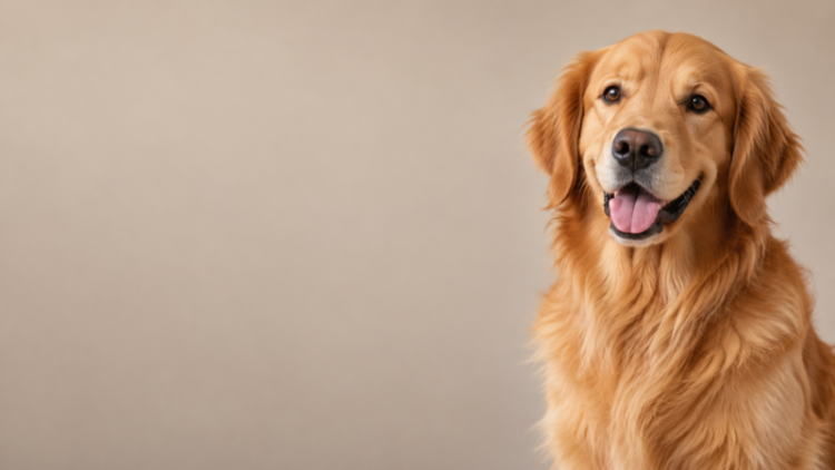 Close-up portrait of a golden retriever with a joyful expression and soft tan fur on a neutral background