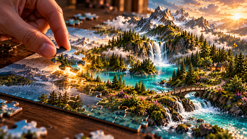 A hand placing the final puzzle piece in a vibrant mountain landscape featuring waterfalls, pine trees, a bridge, and a bright sunset