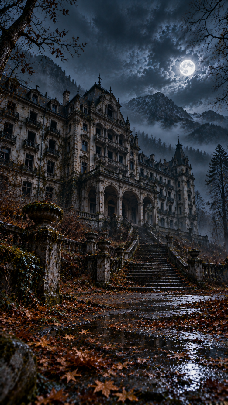 A spooky abandoned mansion with grand staircases under a glowing full moon and cloudy night sky surrounded by misty forested mountains
