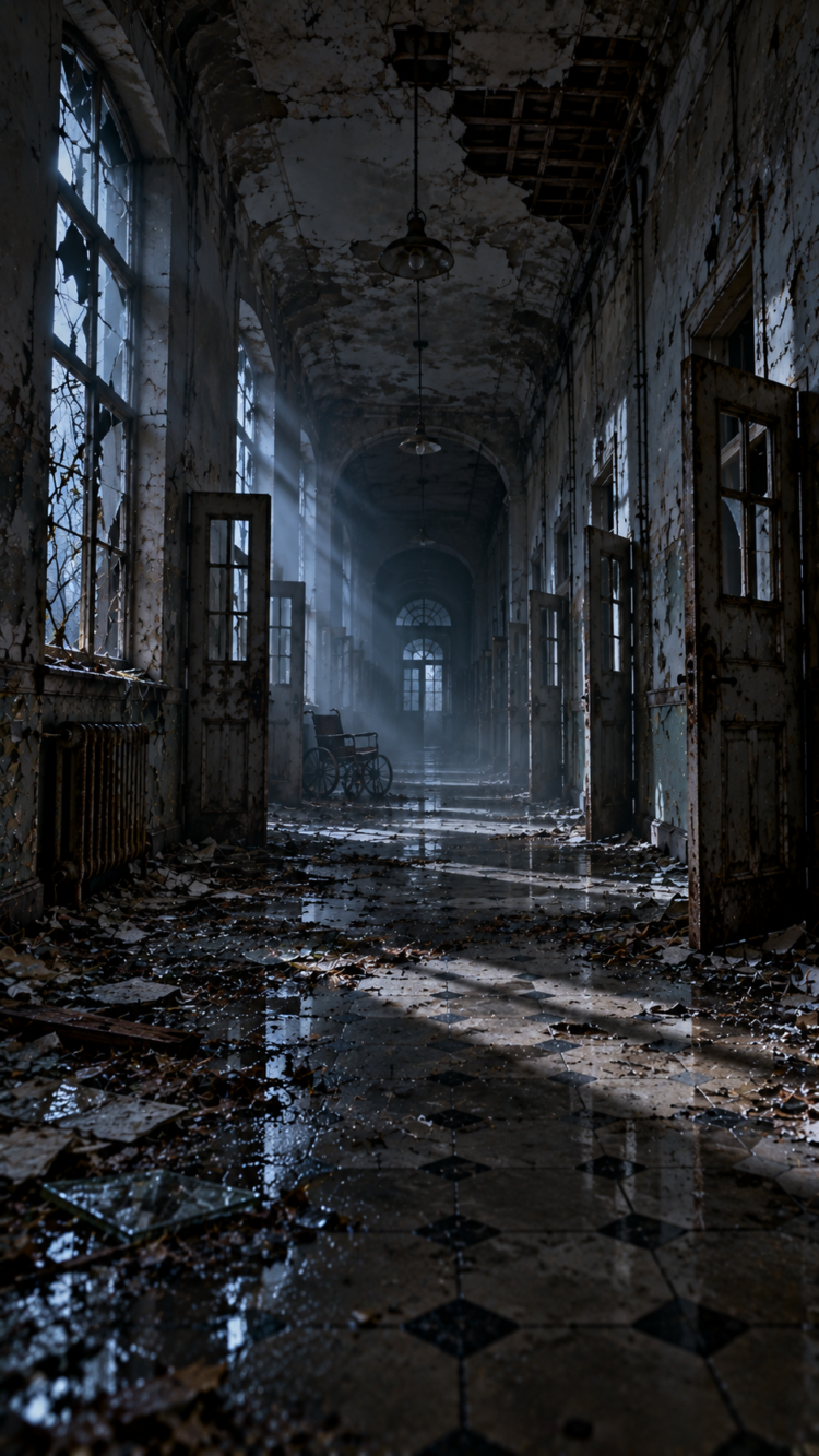 Dimly lit abandoned hospital corridor with peeling walls, scattered debris, and an old wheelchair in soft natural light