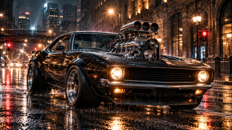 Black muscle car with oversized engine protruding from hood parked on wet city street at night with glowing headlights