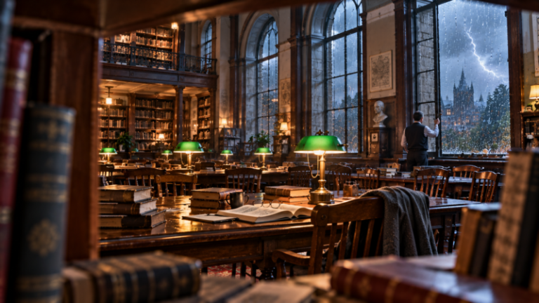 Spacious old library with wooden tables, green reading lamps, and a storm with lightning visible through large arched windows