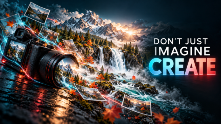 A digital camera on a wet surface captures vibrant landscape images with waterfalls, mountains, and autumn trees in a magical scene