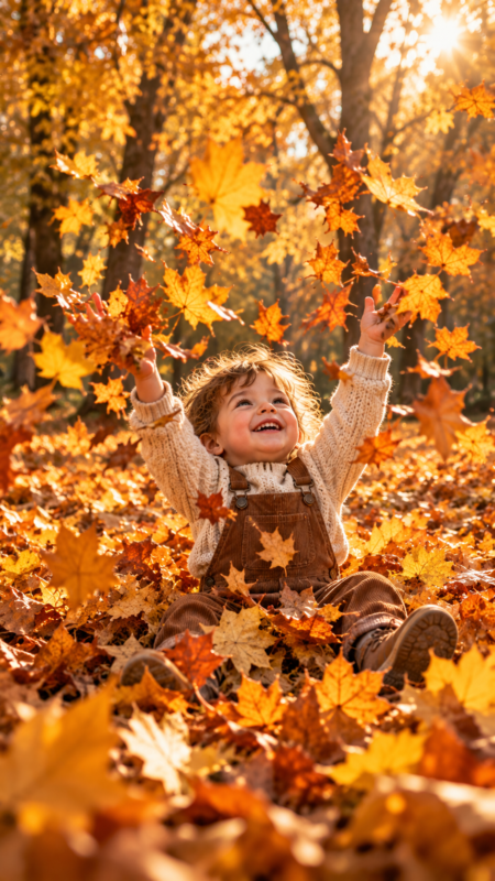 Happy toddler sitting among orange and yellow autumn leaves with arms raised, enjoying the sunny fall day in a forest