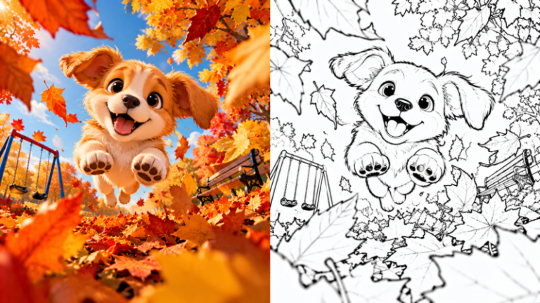 A playful puppy joyfully leaps forward in a vibrant autumn park filled with golden and red leaves, with a playground in the background.