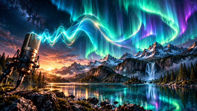 Vibrant northern lights swirl brightly above a calm mountain lake at sunset, with a professional microphone in the foreground.