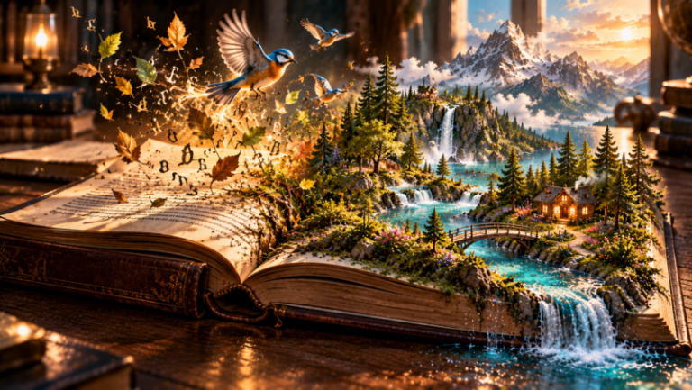 Open book with a miniature mountain landscape, waterfalls, pine trees, cabin, and birds flying out amidst floating autumn leaves and letters