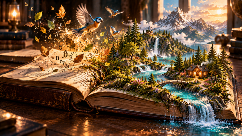 Open book with a miniature mountain landscape, waterfalls, pine trees, cabin, and birds flying out amidst floating autumn leaves and letters