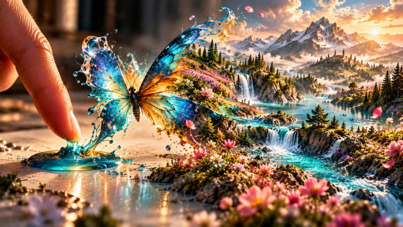 A vibrant blue and orange butterfly made of water, morphing into a detailed landscape with waterfalls, flowers, trees, and mountains at sunset