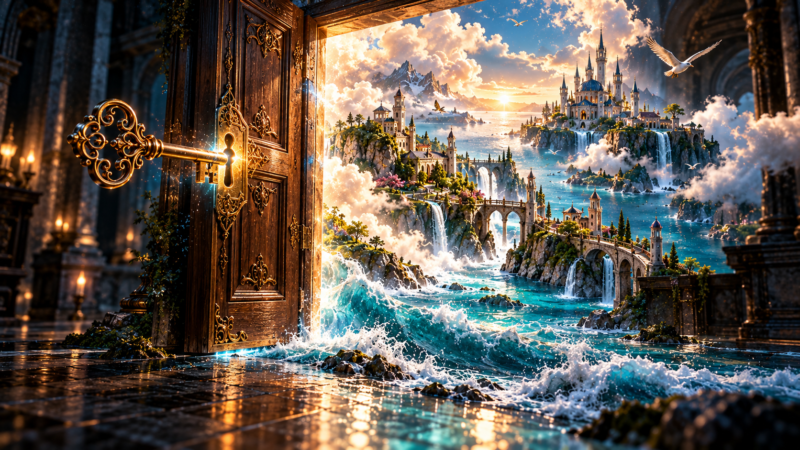 An ornate wooden door opens to reveal a vibrant fantasy kingdom by the sea with waterfalls, castles, bridges, and soaring birds under a glowing sky.