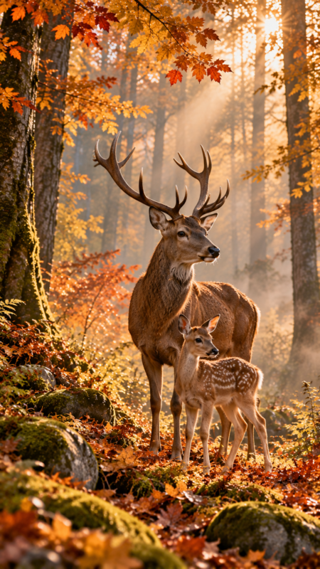 A majestic stag and a young fawn standing together in a sunlit forest during autumn with golden leaves and misty rays.