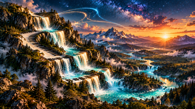 Vibrant mountain landscape with cascading waterfalls shaped like piano keys under a colorful sunset and starry sky