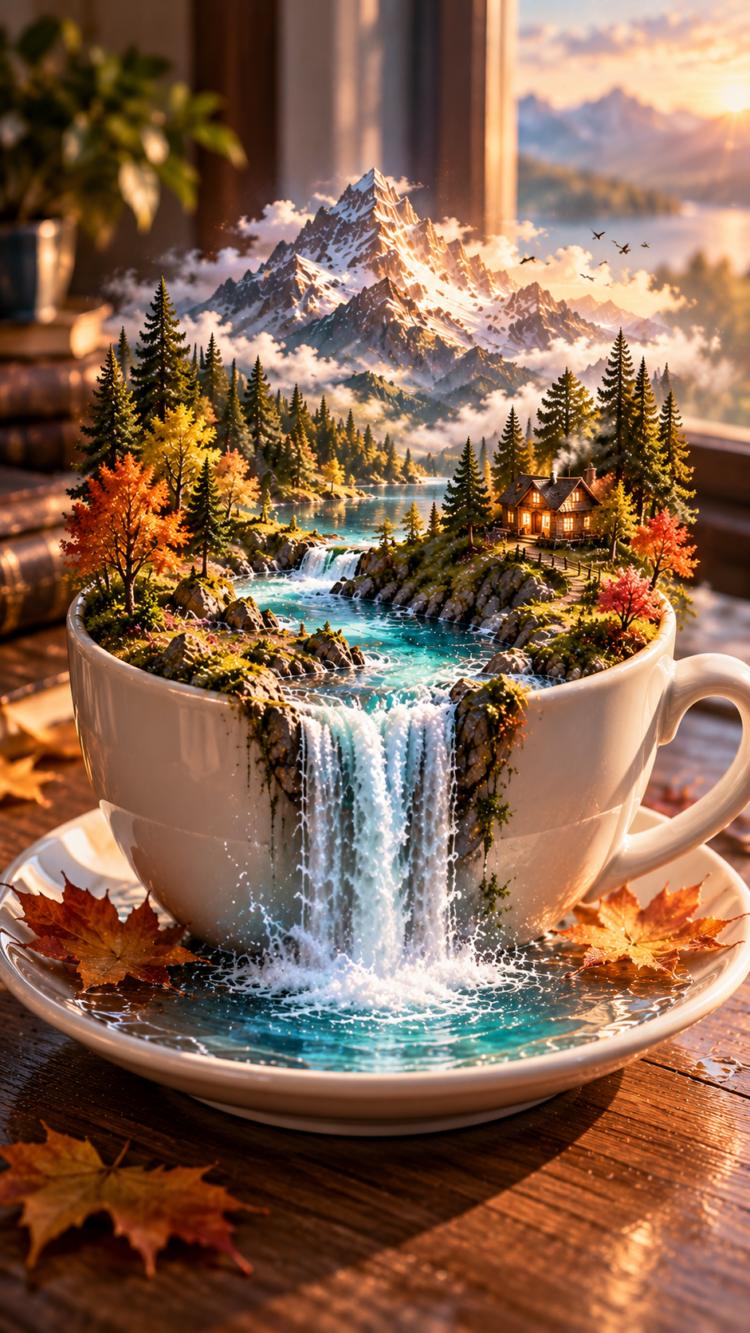 A detailed miniature mountain scene with pine trees, a waterfall, and a cozy cabin inside a white teacup on a wooden table with autumn leaves