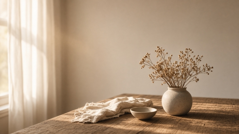 A rustic wooden table with a beige linen cloth, a small bowl, and a round vase with dried flowers, softly lit by sunlight through sheer curtains