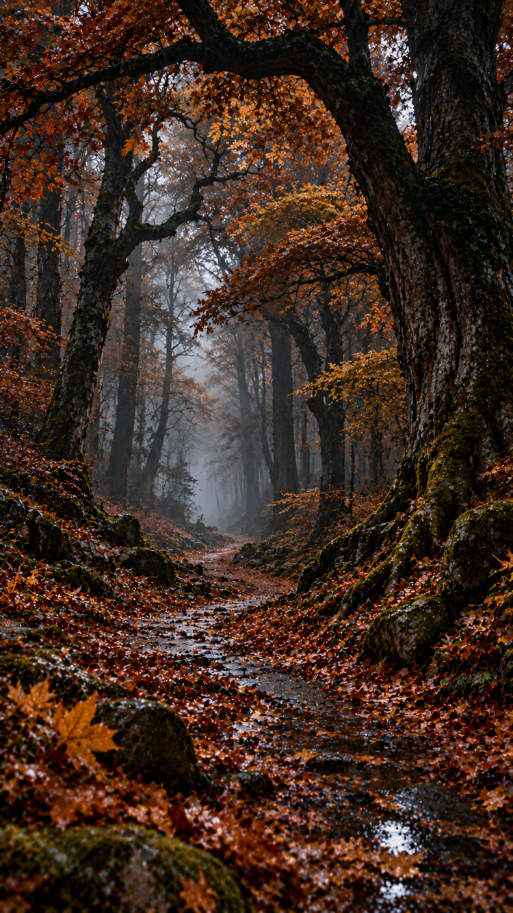 A winding forest trail covered with orange and brown fallen leaves on a misty autumn day, surrounded by tall trees.