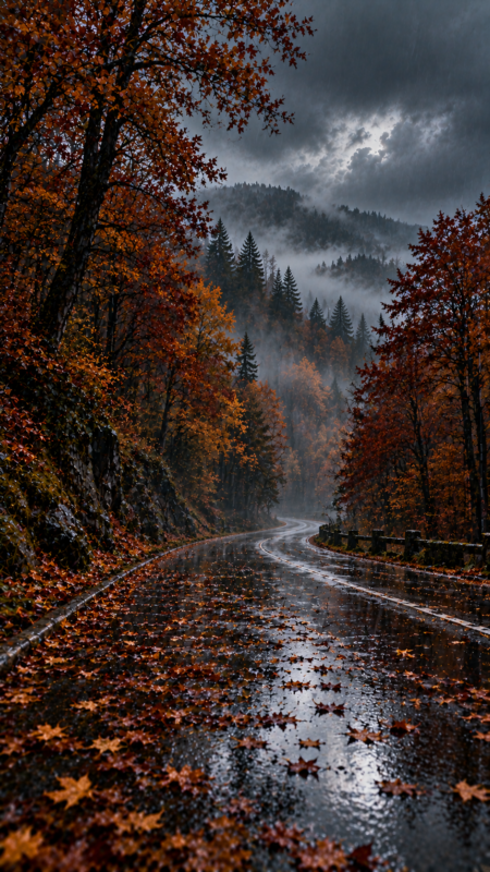 Moody Autumnal Rainy Mountain Road Scene (Free AI Image)