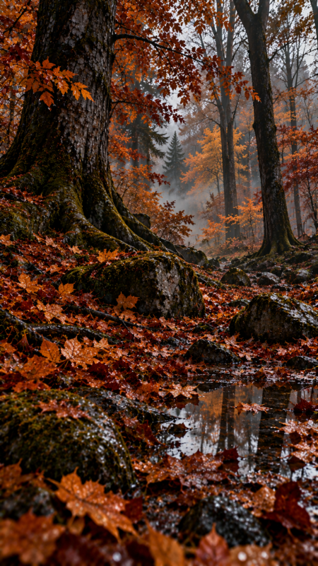 Serene Autumn Forest Floor with Mist (Free AI Image)