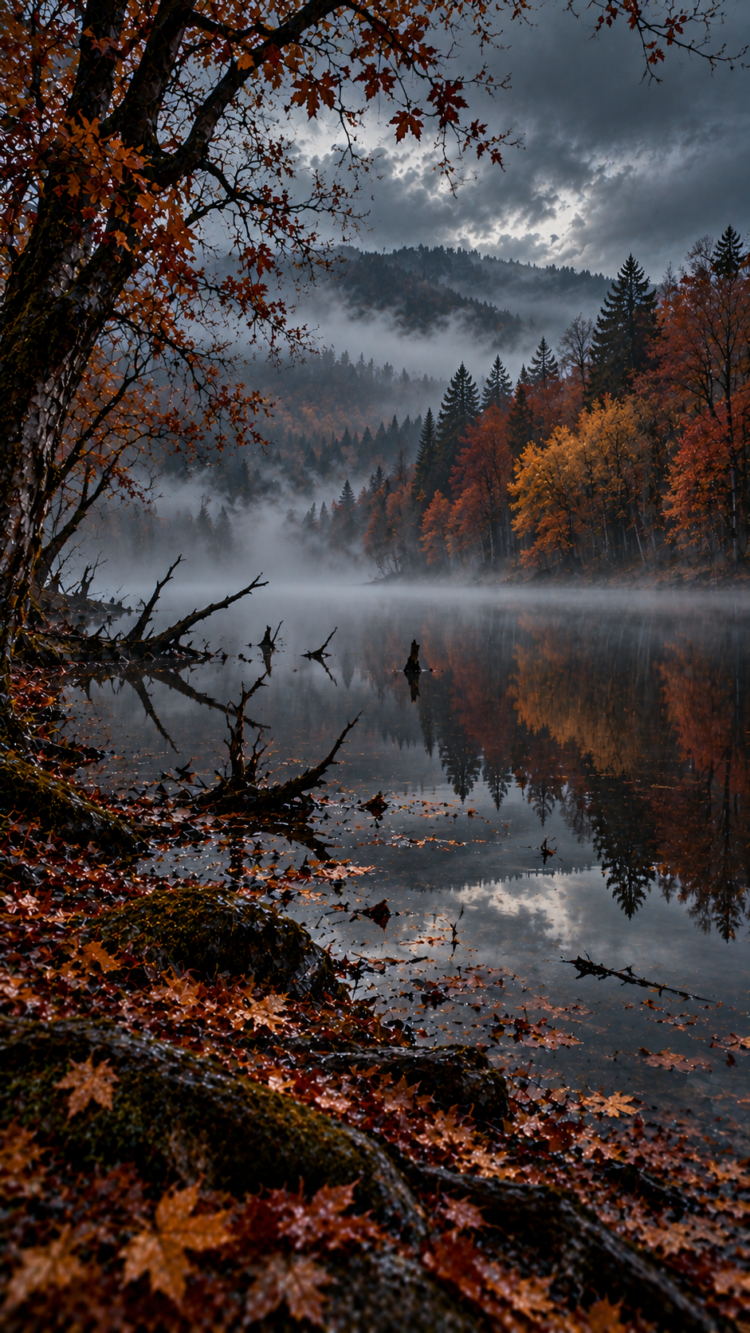 A misty lake at dawn bordered by autumn trees with vibrant red, orange, and yellow leaves, reflecting in still water