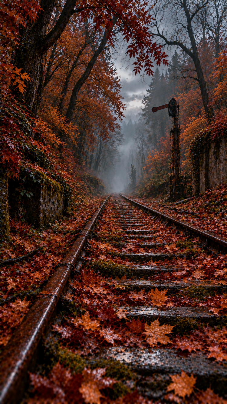 Railroad tracks winding through a forest with wet fallen autumn leaves and misty fog under a cloudy sky