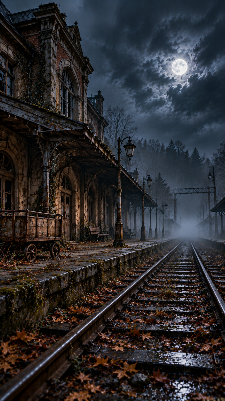 An eerie abandoned train station at night with rusted tracks covered in fallen autumn leaves and a bright full moon shining through cloudy sky.