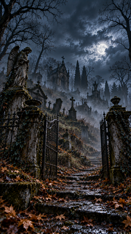 Stone steps covered with fallen leaves leading through an old cemetery with statues and tombstones under a cloudy full moon sky at night
