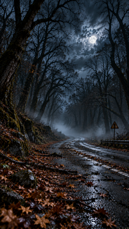 A winding road through a foggy, leaf-strewn forest at night with bare trees silhouetted against a full moon and cloudy sky