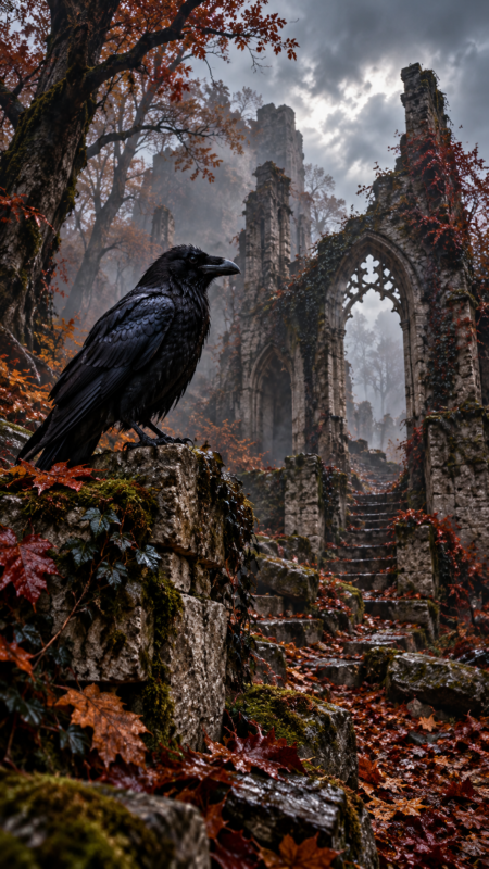 A black raven perched on moss-covered stone ruins with autumn leaves, fog, and gothic archways in the background.