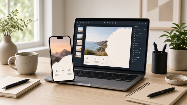 Laptop and smartphone on wooden desk showing landscape photo editing with natural plants and stationery around