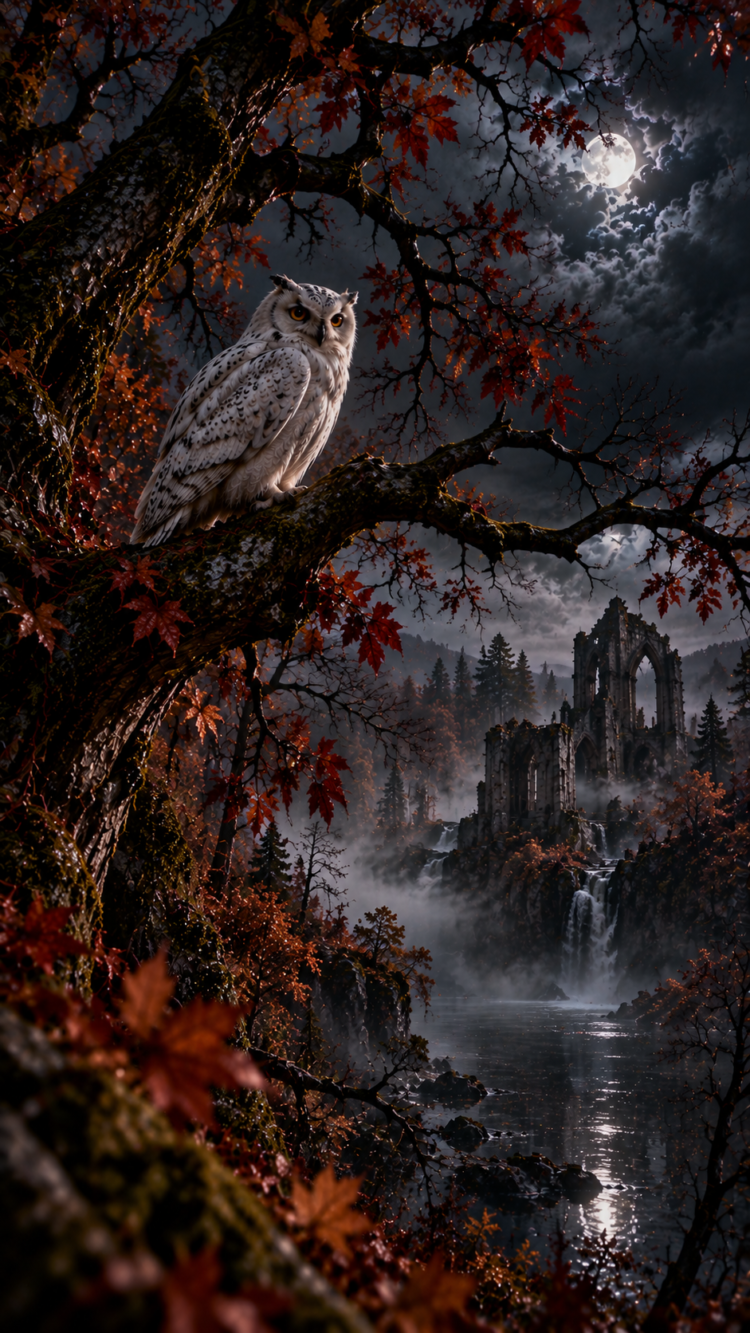A majestic white owl perched on a mossy tree branch with autumn leaves beneath a glowing full moon and misty ancient ruins by a waterfall