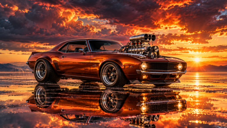 Shiny vintage muscle car with large engine supercharger reflecting on wet ground during a vivid sunset with orange and purple clouds