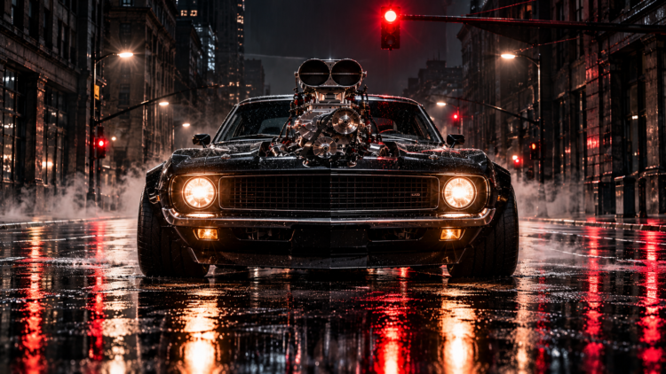 Front view of a black muscle car with a supercharged engine sticking out of the hood, headlights on, parked on a wet urban street at night with red traffic lights and building reflections