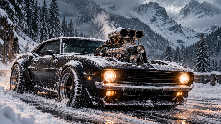 Black muscle car with large supercharger on hood driving through snowy mountain road with pine trees and rugged peaks