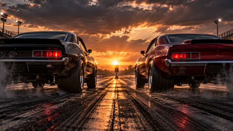 Two classic muscle cars ready for a drag race on the track at sunset under a dramatic cloudy sky